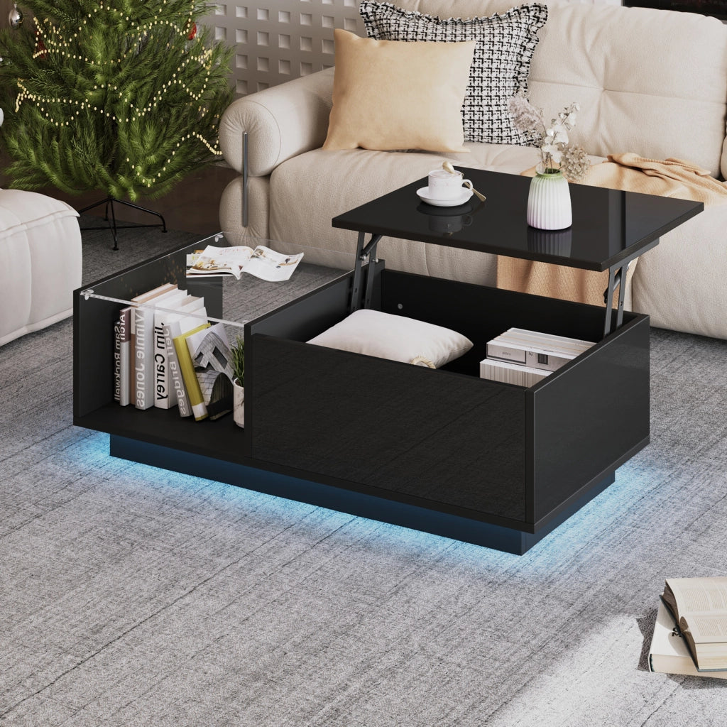 Tavolino da Caffè Alzabile con LED; Vano Nascosto e 2 Cassetti per Soggiorno in Truciolare Nero 100×50×33 cm