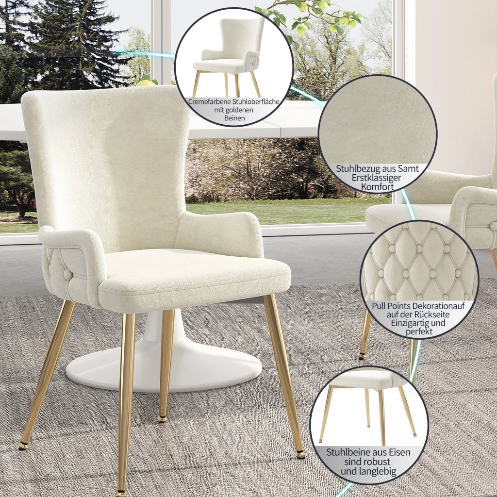SEDIA in velluto beige e oro, 62,23x58,42x55,88 cm, Set da 2 pezzi
