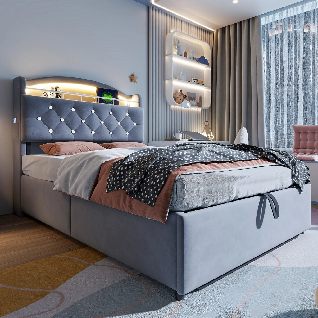 Letto singolo per bambini 90 × 200 cm contenitore con LED USB e porta Type-C in velluto grigio