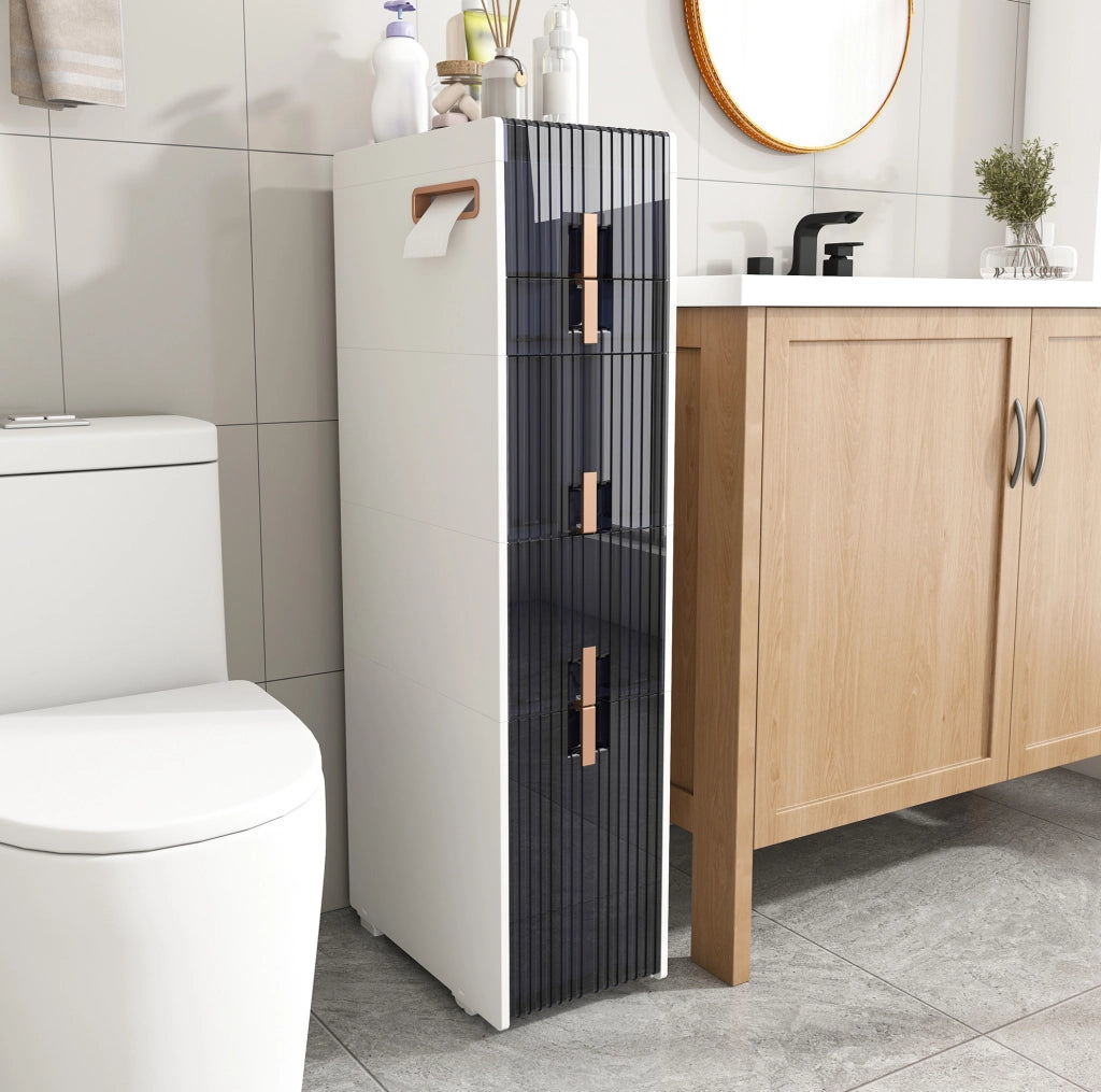 Mobile contenitore stretto in PP bianco con 4 cassetti; 2 coperchi e ruote