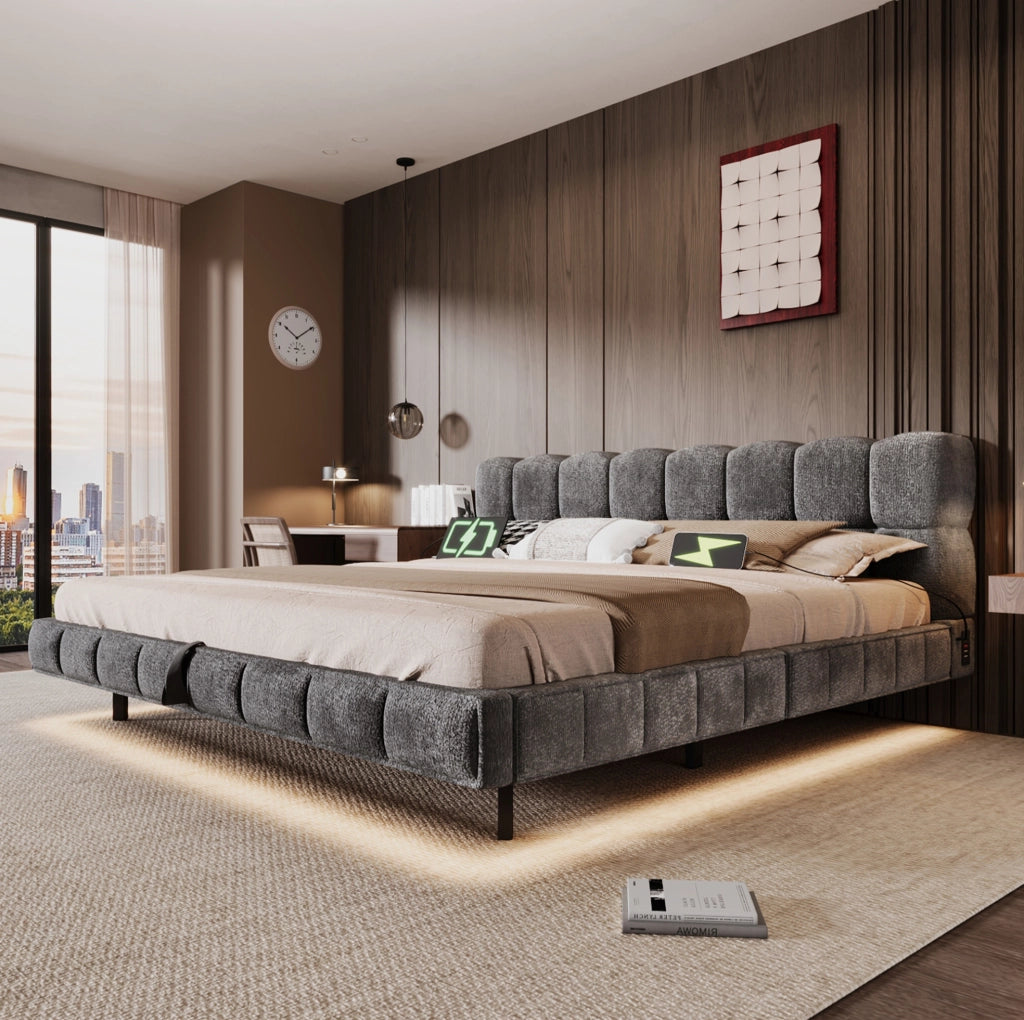 Letto matrimoniale 180x200 cm con contenitore idraulico; LED; USB e Type-C; ciniglia grigia