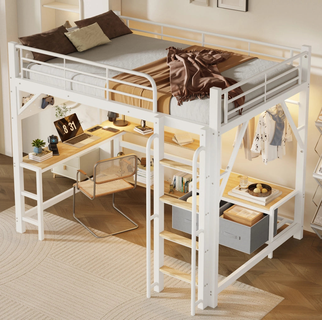 Letto a soppalco 140x200 cm con scrivania, scaffali, LED e USB bianco