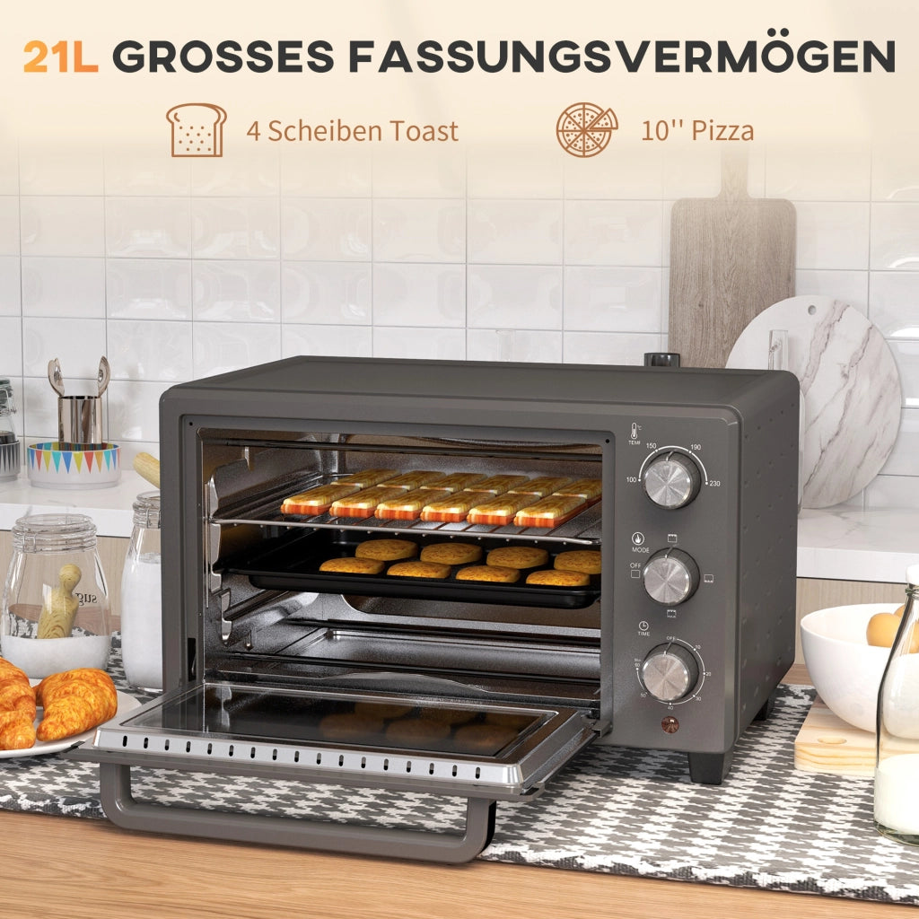 Mini Forno Elettrico 21L 1400W, Timer 60 Min, Temp 100-230°C, in Acciaio Inox Grigio, con Teglia e Griglia