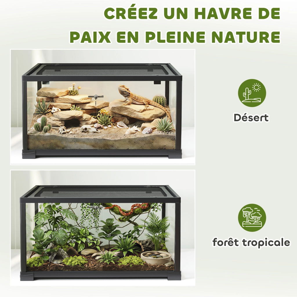 Terrario in Vetro per Rettili e Criceti 86 L con Ventilazione Superiore e Porta Scorrevole 50,8x30,5x35,6 cm Nero