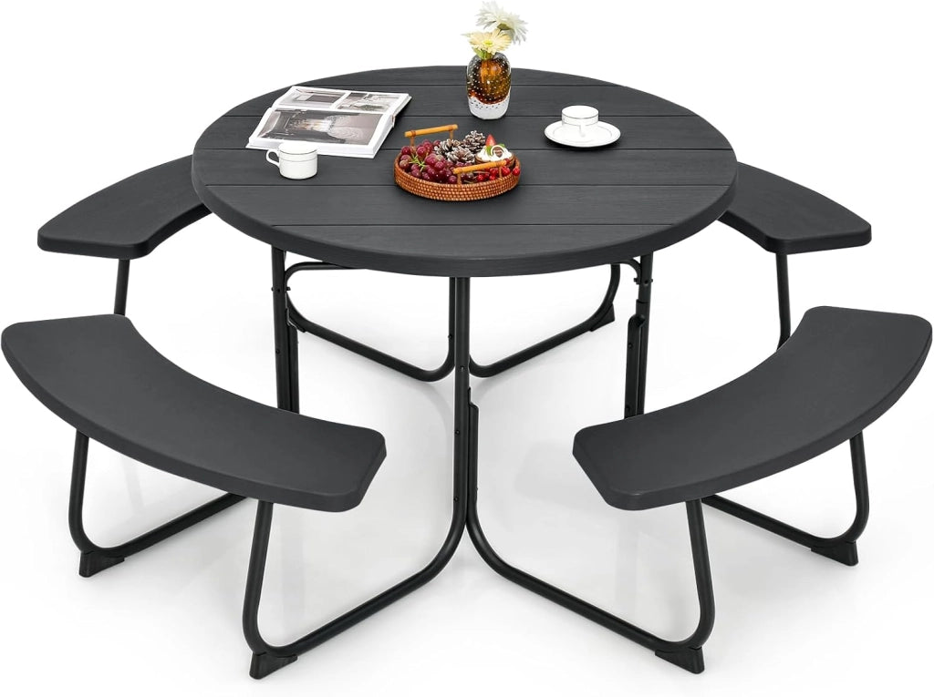 Set Tavolo da Picnic con 8 Posti, Tavolo da Picnic Rotondo con 4 Panche e Foro per Ombrellone, Tavolo da Campeggio Resistente in Metallo, per Giardino, Cortile, Patio (Nero)