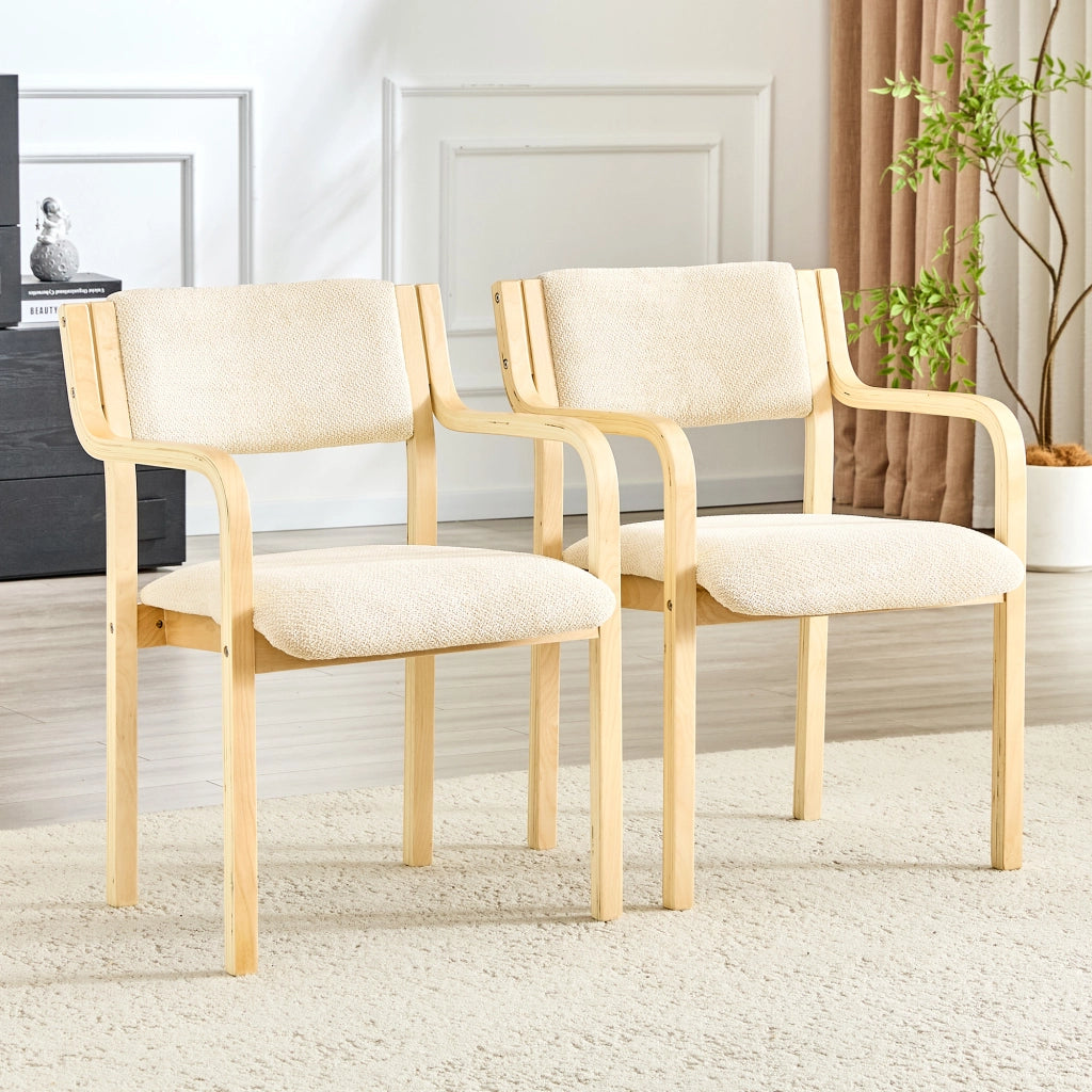 Sedia da pranzo con braccioli e schienale ergonomico in legno e tessuto teddy bianco