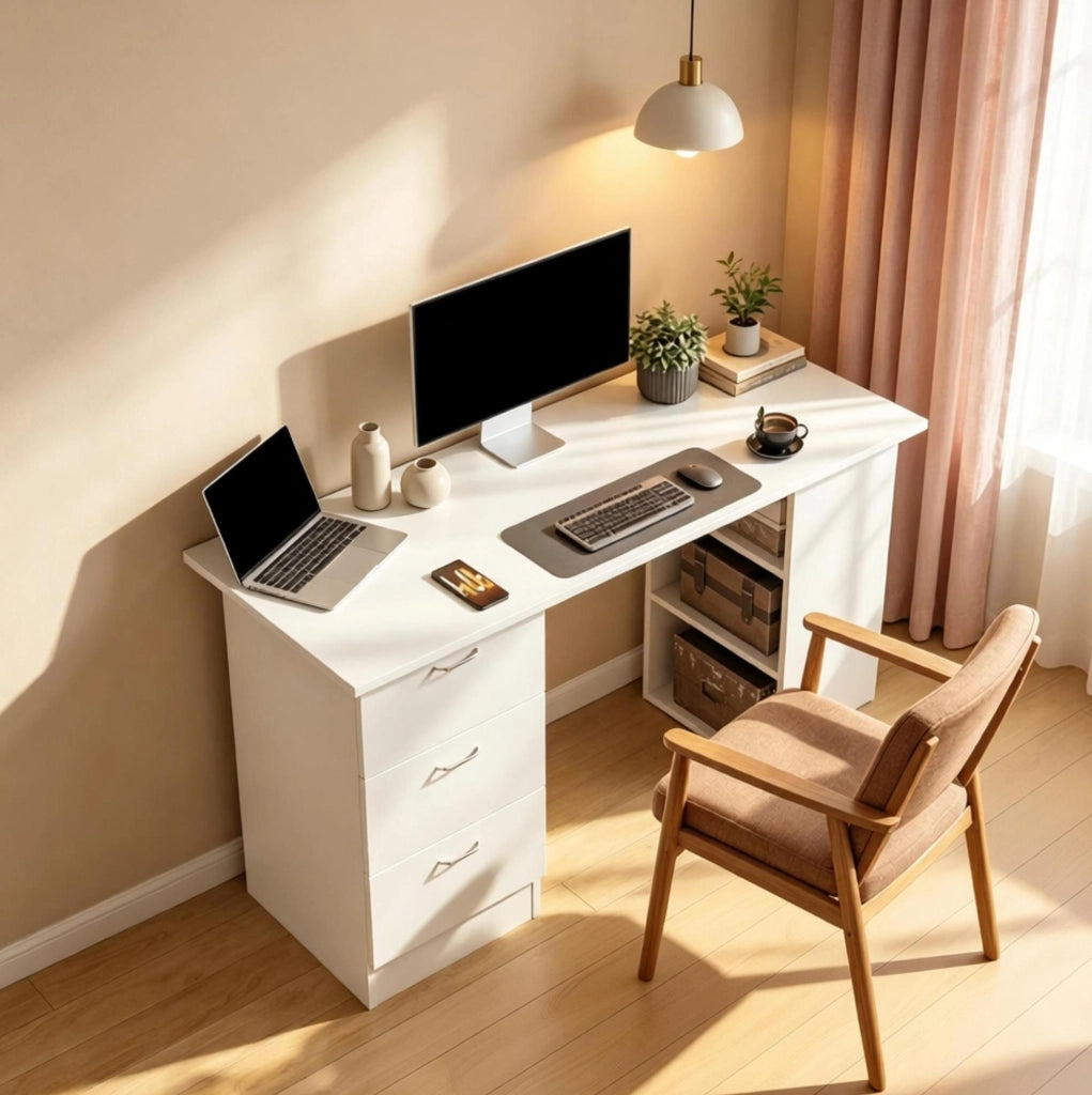 Scrivania bianca in MDF con 3 cassetti e 3 ripiani