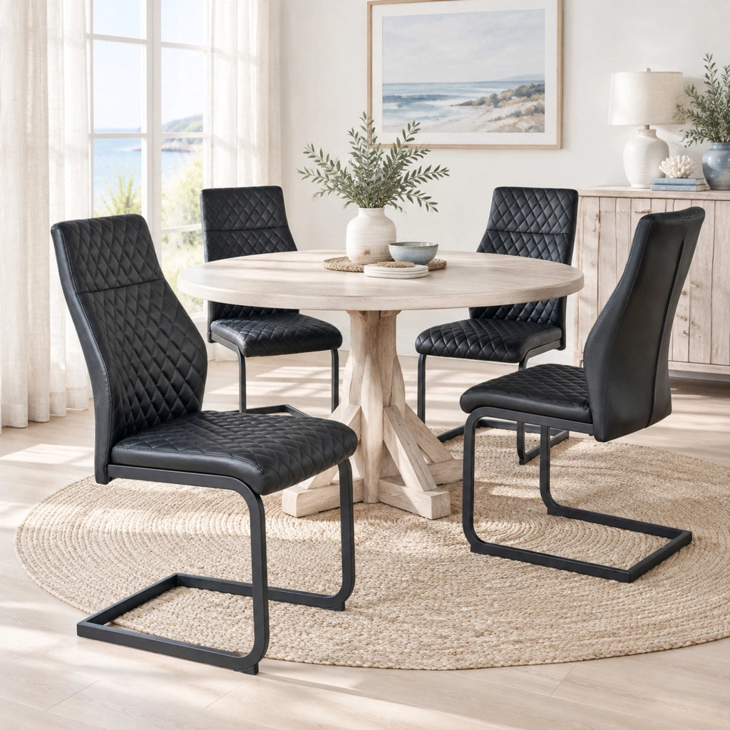 Set tavolo da pranzo rotondo Ø107 cm con 4 sedie in PU e ripiani; nero/noce HOMVRA