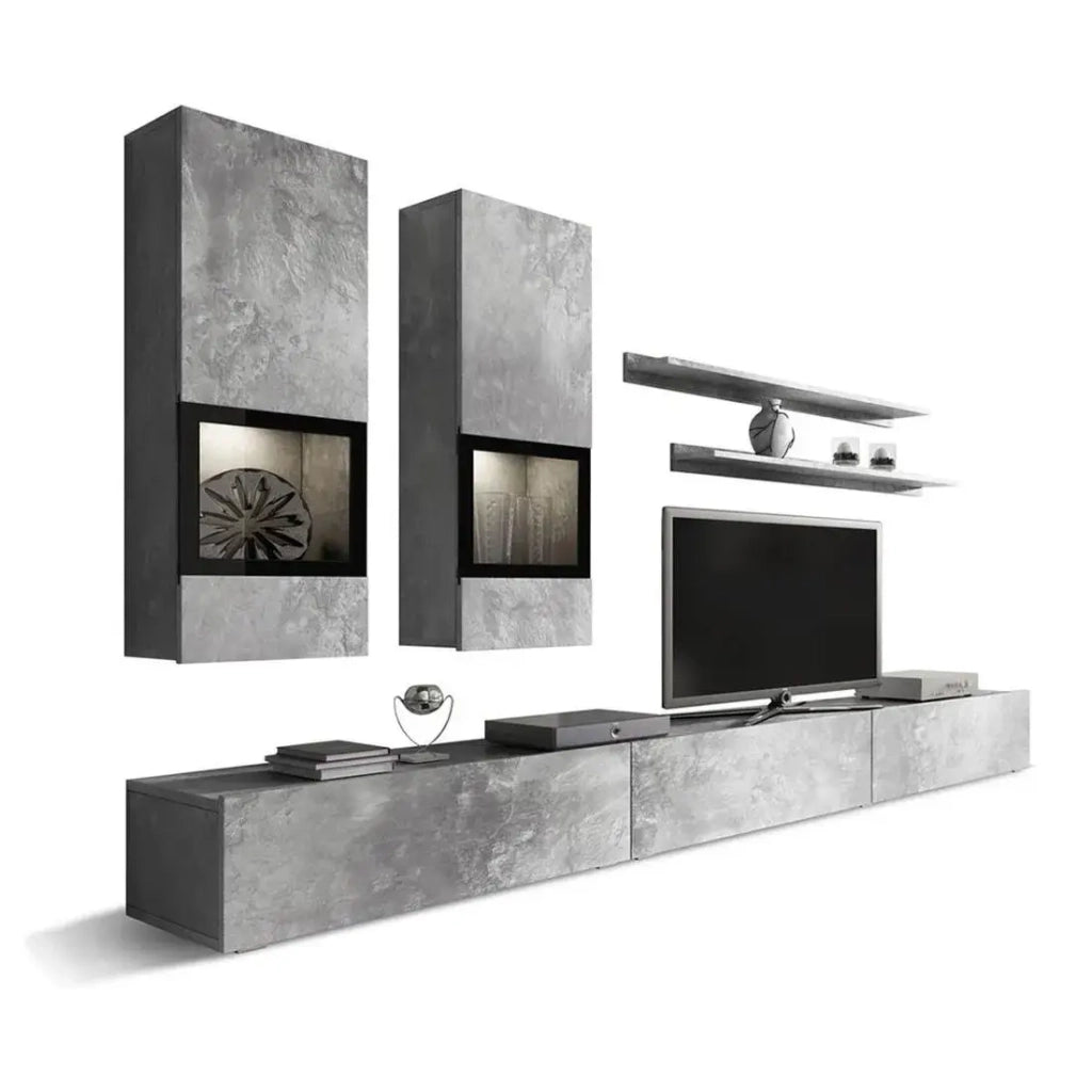 Set salotto da parete RAMOS - Grigio effetto cemento - LED multicolori integrati - Mobile TV + vetrine + scaffali