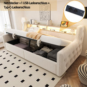 Divano letto imbottito 90 × 200 cm con vano contenitore in velluto beige LED prese USB e tipo C