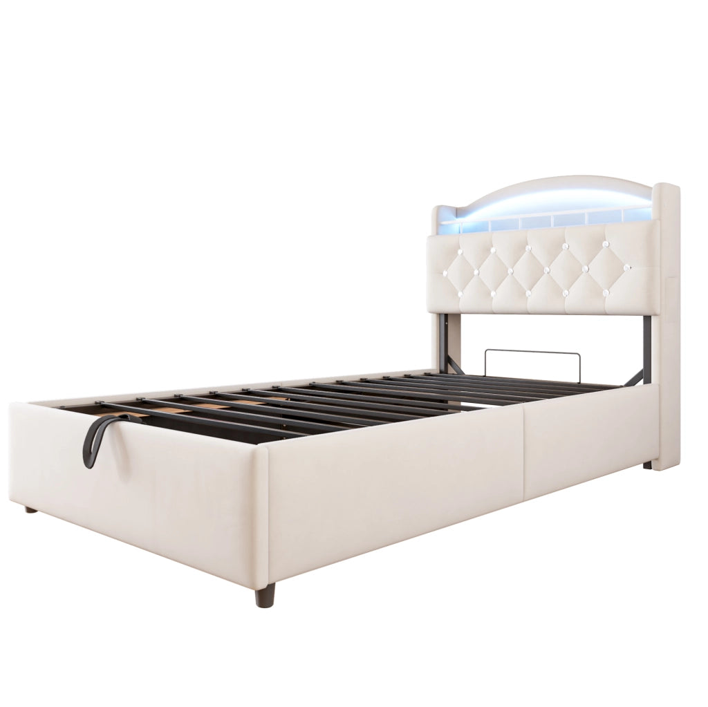 Letto imbottito per bambini 90x200 cm in velluto beige con LED, USB e vano contenitore