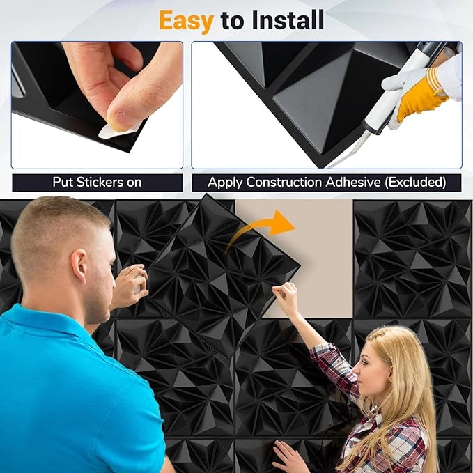 40 Pezzi 3D Pannelli Murali 50 x 50 cm, Pannello da Parete 3D Diamante, Decorazione Interna da Parete in PVC, 10 m², per Soggiorno Camera da Letto (10㎡,Nero)