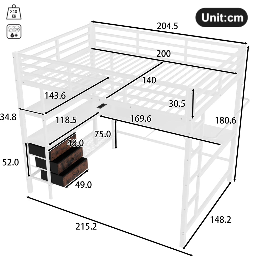 Letto a soppalco 140x200 cm in metallo e MDF bianco con scrivania; LED; prese USB e 3 cassetti