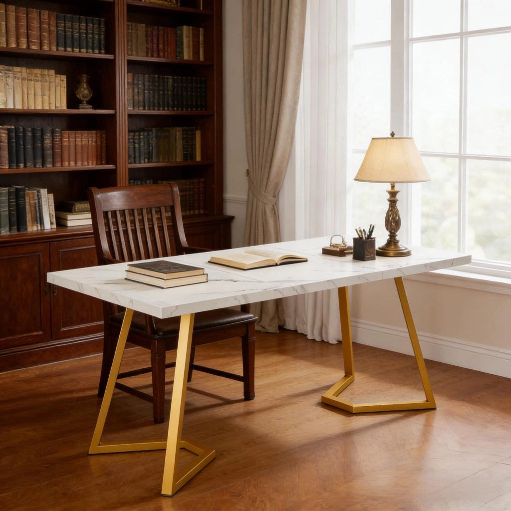 Scrivania moderna da ufficio in metallo e legno, bianco e oro