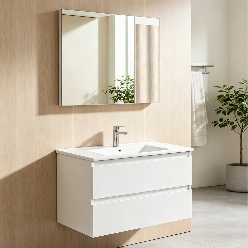 Mobile da Bagno Sospeso con Specchio e 2 Cassetti Otranto Larghezza 80cm Bianco