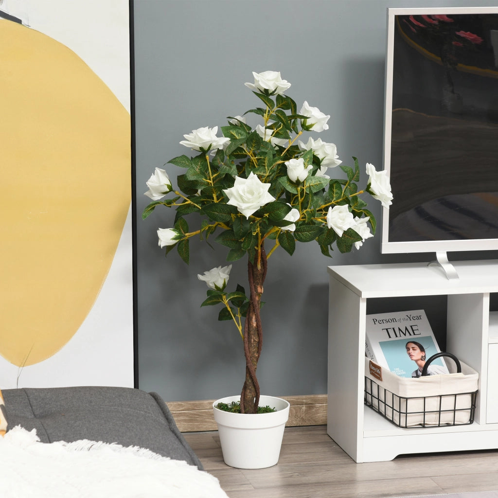 Pianta Finta di Rosa da 21 Fiori con Vaso Riempito in Cemento e Muschio, Pianta Artificiale Anti-UV in Plastica e Tessuto, ?18x90 cm, Bianco e Verde