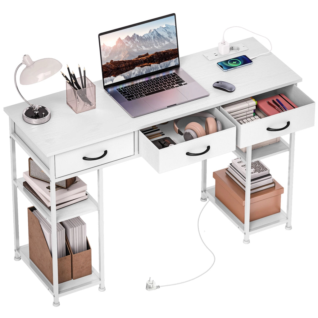 Scrivania Porta PC con Prese e Porte USB 3 Cassetti in Tessuto e 4 Ripiani 120 x 40 x 76 cm Bianco per Ufficio e Casa