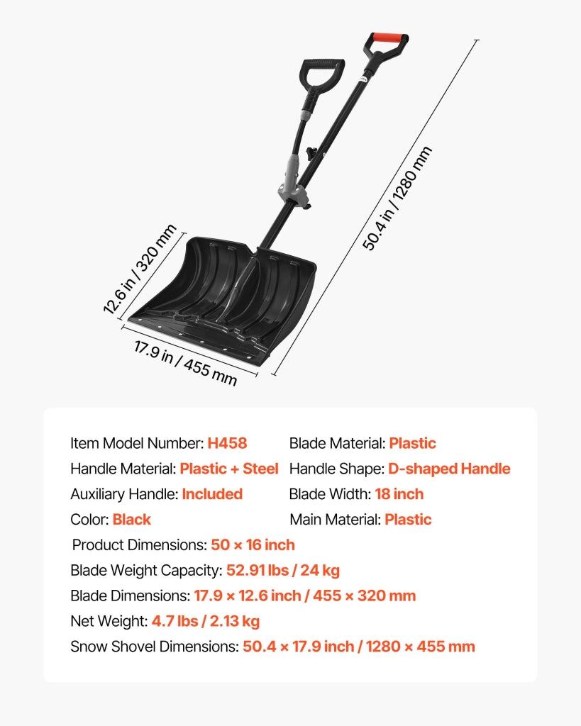 Pala da Neve 45,5 cm H458 in Plastica Nera con Manico in Acciaio a D Ergonomico Antiscivolo Leggera per Giardino Vialetto Casa