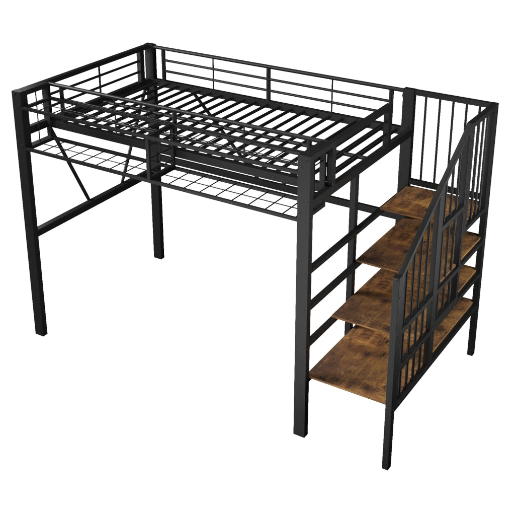 Letto a soppalco 90x200 cm con scala a ripiani, LED e struttura in metallo nero