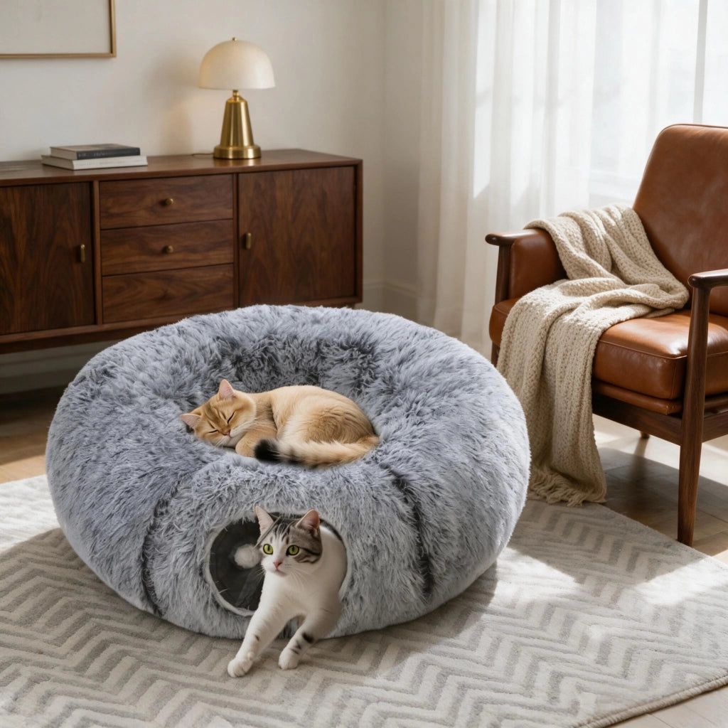 Tunnel per gatti da interno con letto a ciambella e cuscino rotondo rimovibile e lavabile