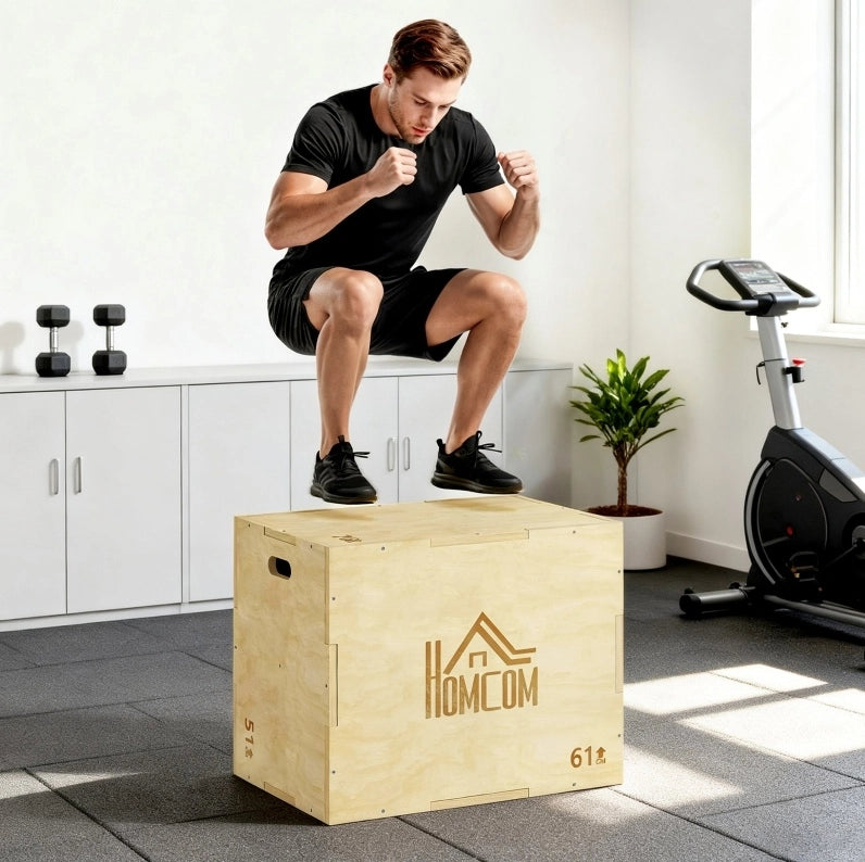Box pliometrico 61x51x76 cm con 3 altezze di salto e maniglie, portata 120 kg, in legno naturale per allenamento