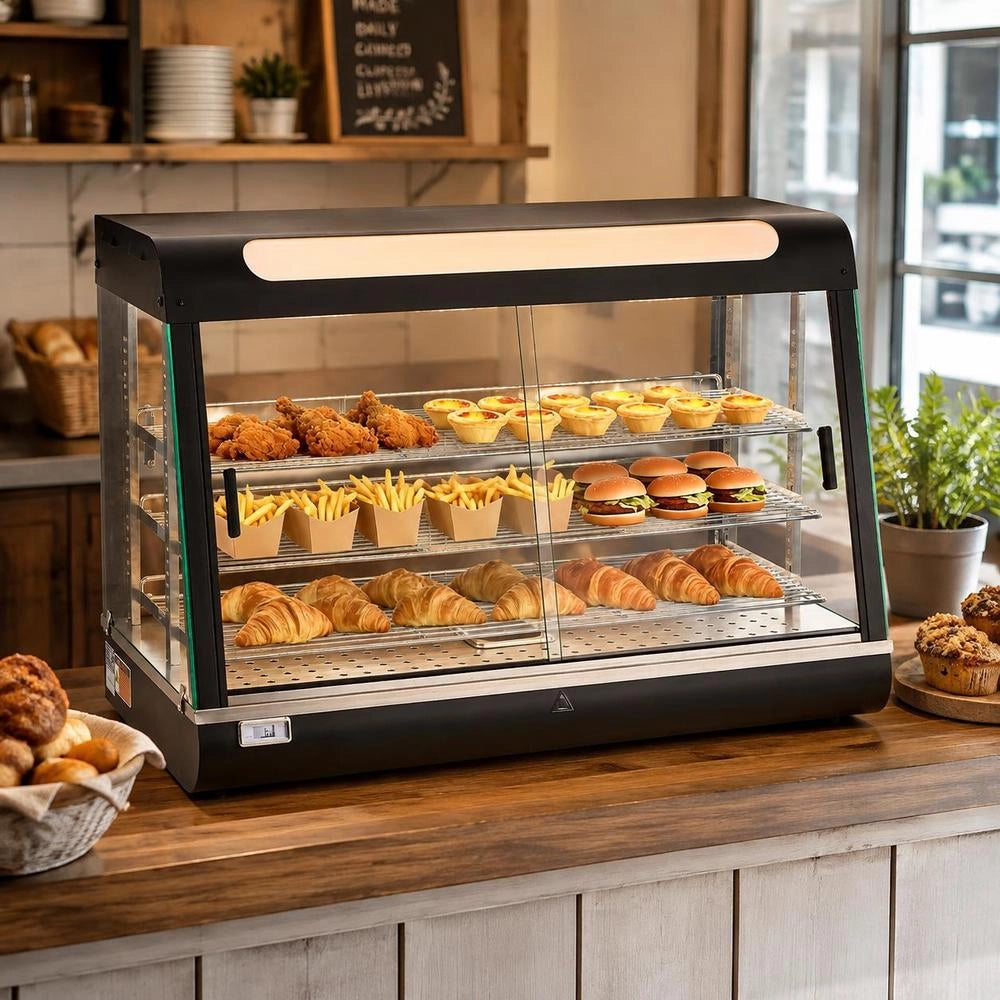 Espositore Scaldavivande Commerciale A 3 Livelli, Espositore Scaldavivande Da 1400 W Con Luce LED, Vano Portaoggetti Superiore E Ripiani Regolabili, Per Hamburger, Pizza, Pane, Pollo Fritto