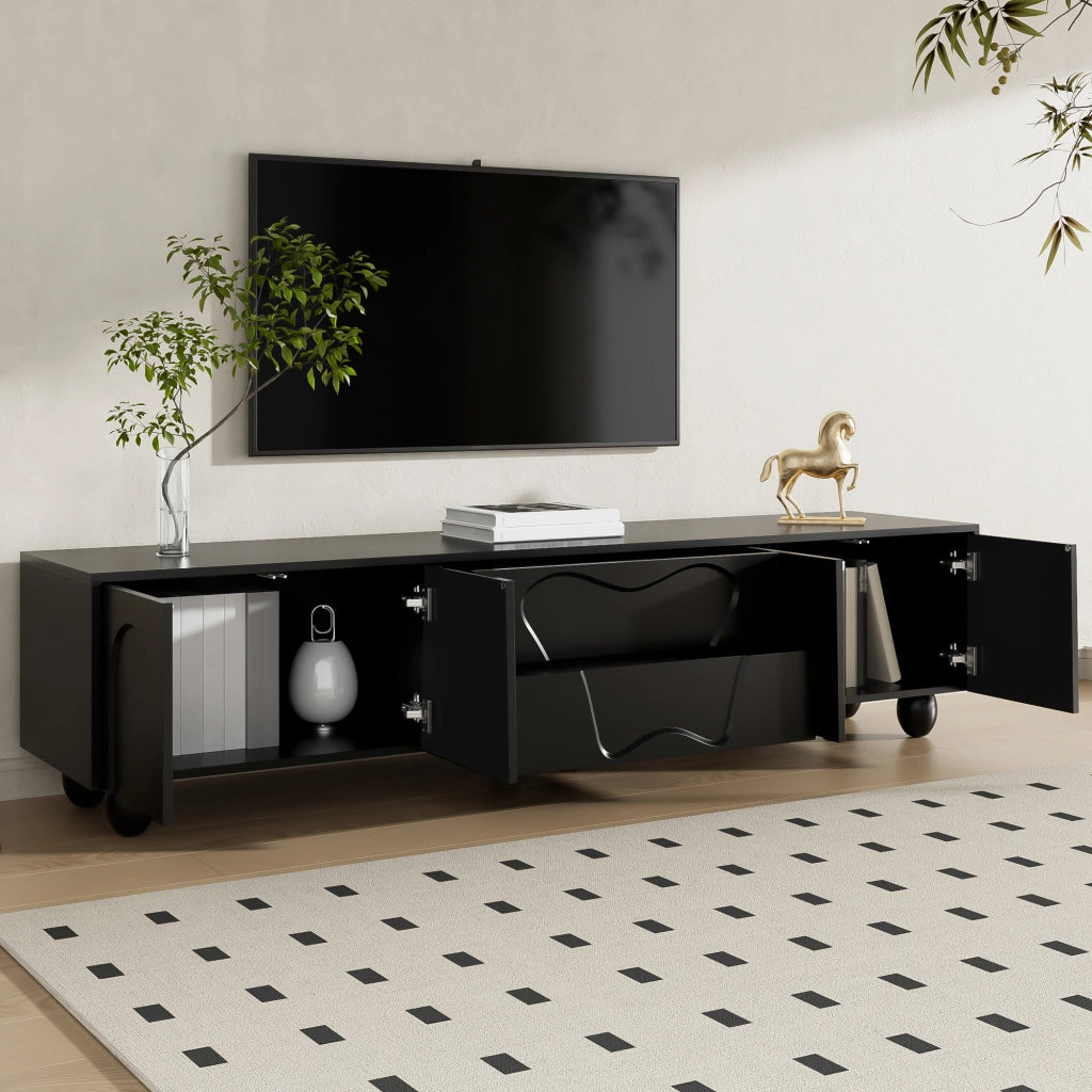 Mobile TV nero 180 cm con gambe in legno massello e ampio spazio contenitivo