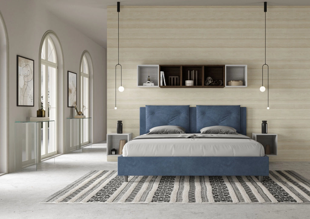 BS COM Letto senza rete imbottito 180x190 microfibra blu
