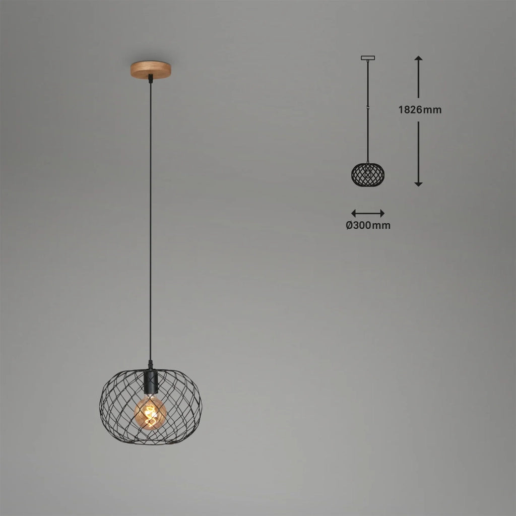 Lampada A Sospensione Vintage Winki Legno Marrone Metallo Nero 1 Luce E27 D.30