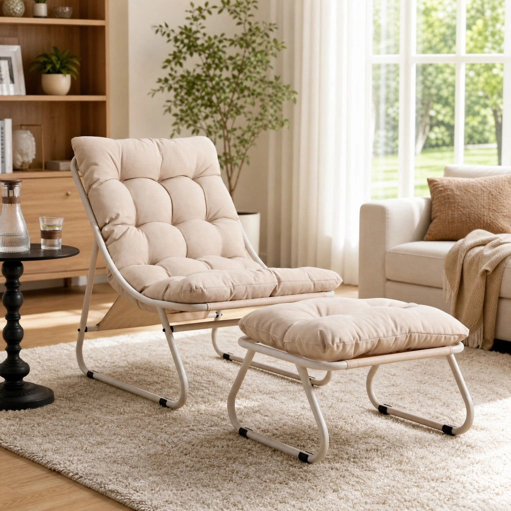 Poltrona da esterno con pouf e cuscino beige