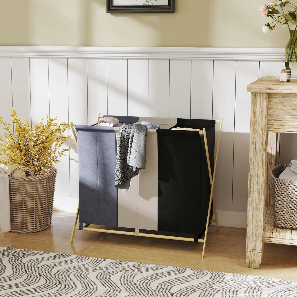 Cesto per Biancheria Pieghevole ¨C Zephmum ¨C Multicolore con Bamb¨´ e 3 Compartimenti 129L