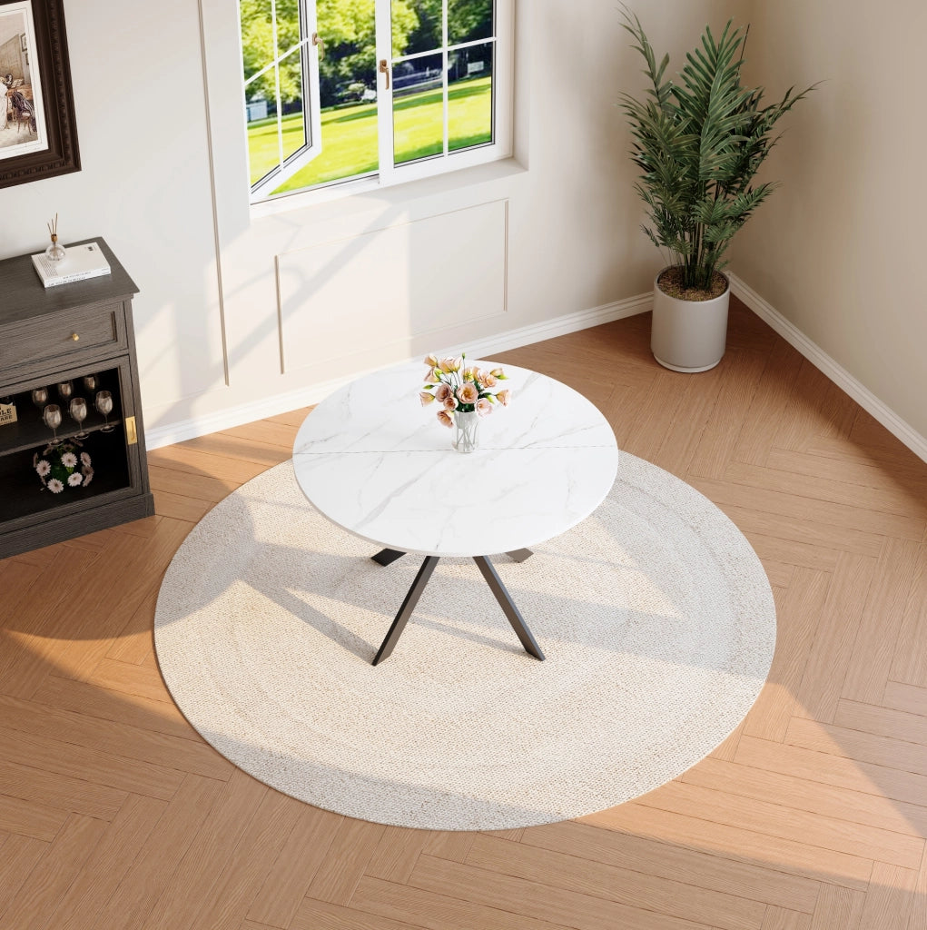 Set da Pranzo con Tavolo Rotondo Effetto Marmo Bianco e 2 Sedie Nere in Pelle Sintetica con Struttura in Metallo per Sala da Pranzo e Cucina