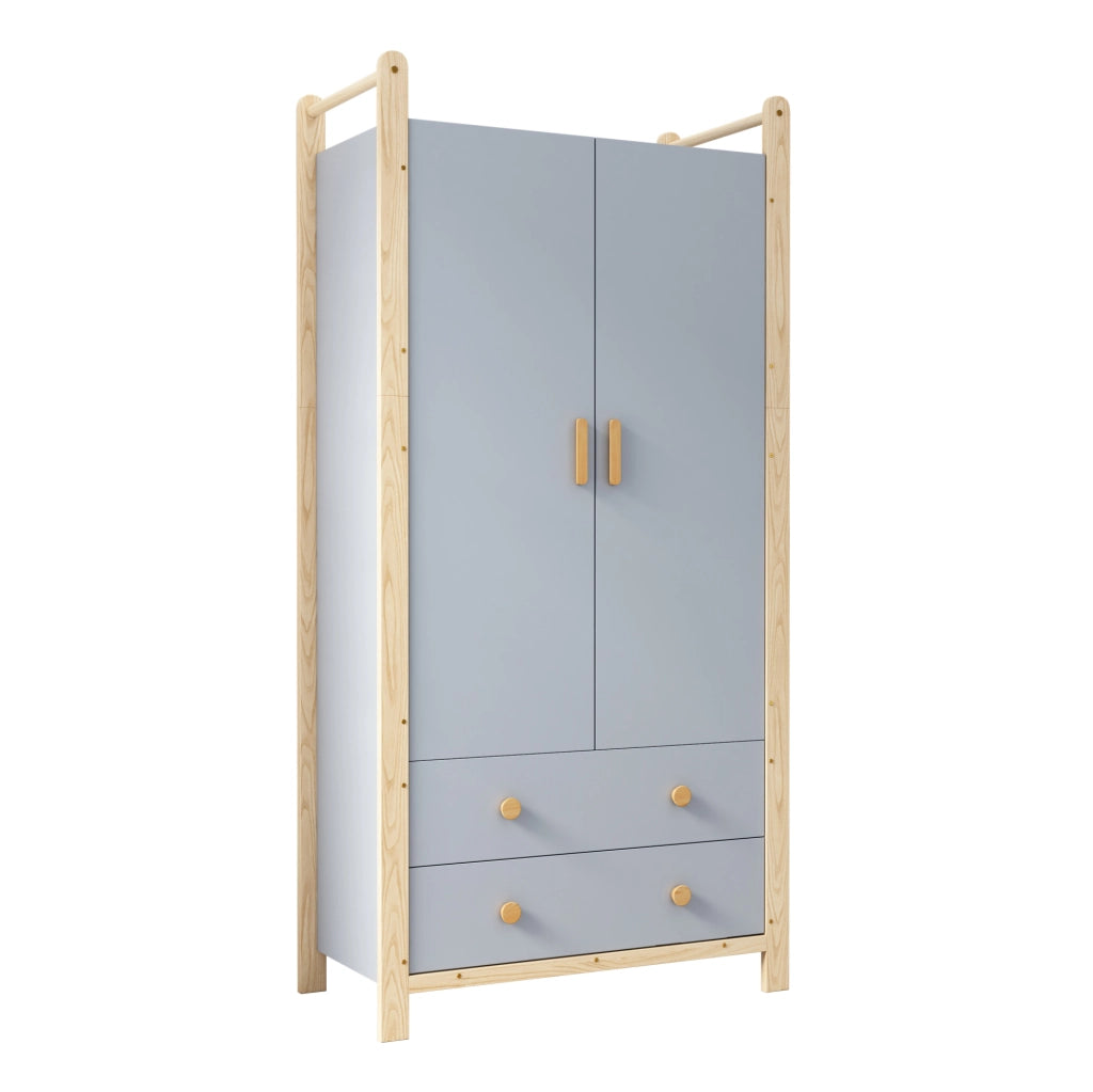 Armadio a 2 ante con asta appendiabiti e 2 cassetti in legno e MDF blu; colore naturale