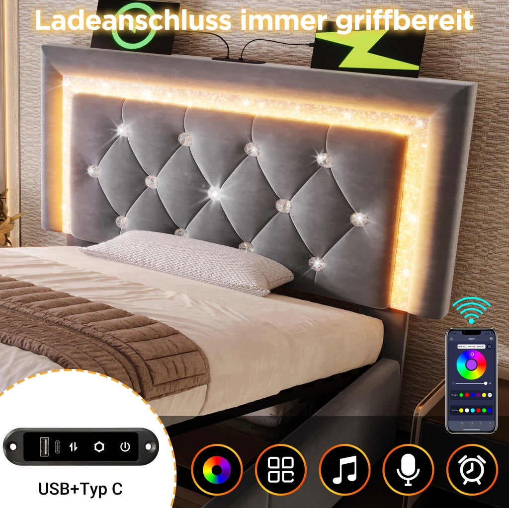 Letto singolo 90x200 cm in velluto grigio con LED, presa USB e Type-C, contenitore e materasso