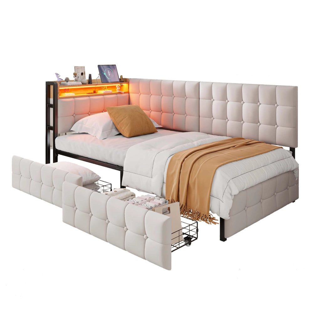 Divano letto in tessuto 90 x 200 cm con 2 cassetti; LED; USB e Type-C; beige