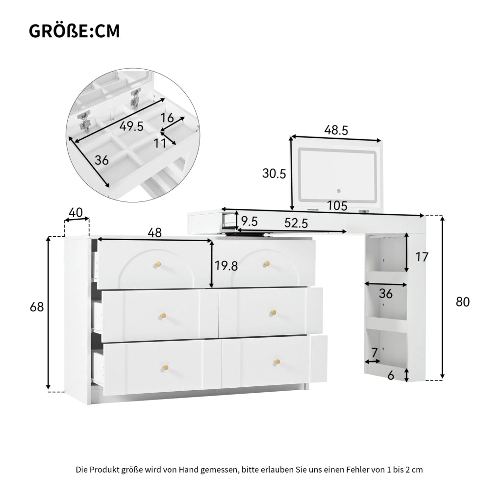 Schminktisch mit drehbarem Gestell und LED-Beleuchtung, Weiß, 105×40×80 cm