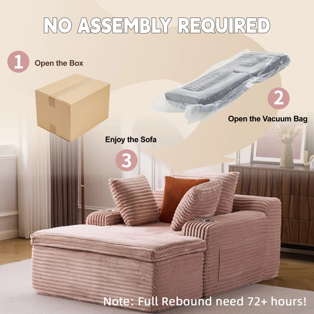 Divano da Terra Moderno con Chaise Longue Divano Cloud Rosa Imbottito con 3 Cuscini e 1 Coperta per Soggiorno e Relax