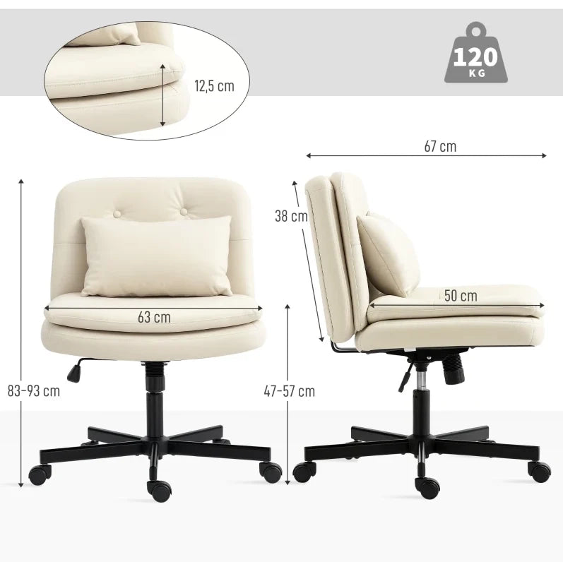 Sedia da ufficio armless con rivestimento in ecopelle beige, regolabile in altezza e con ruote