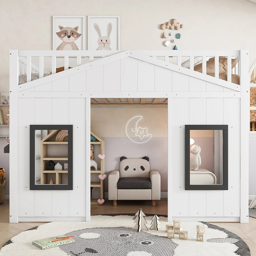 Letto a Castello Casa Bambini – Xylo – 90x200cm, Scala, Protezione Anti-Caduta, Finestra, Letto Inferiore Libero, Bianco