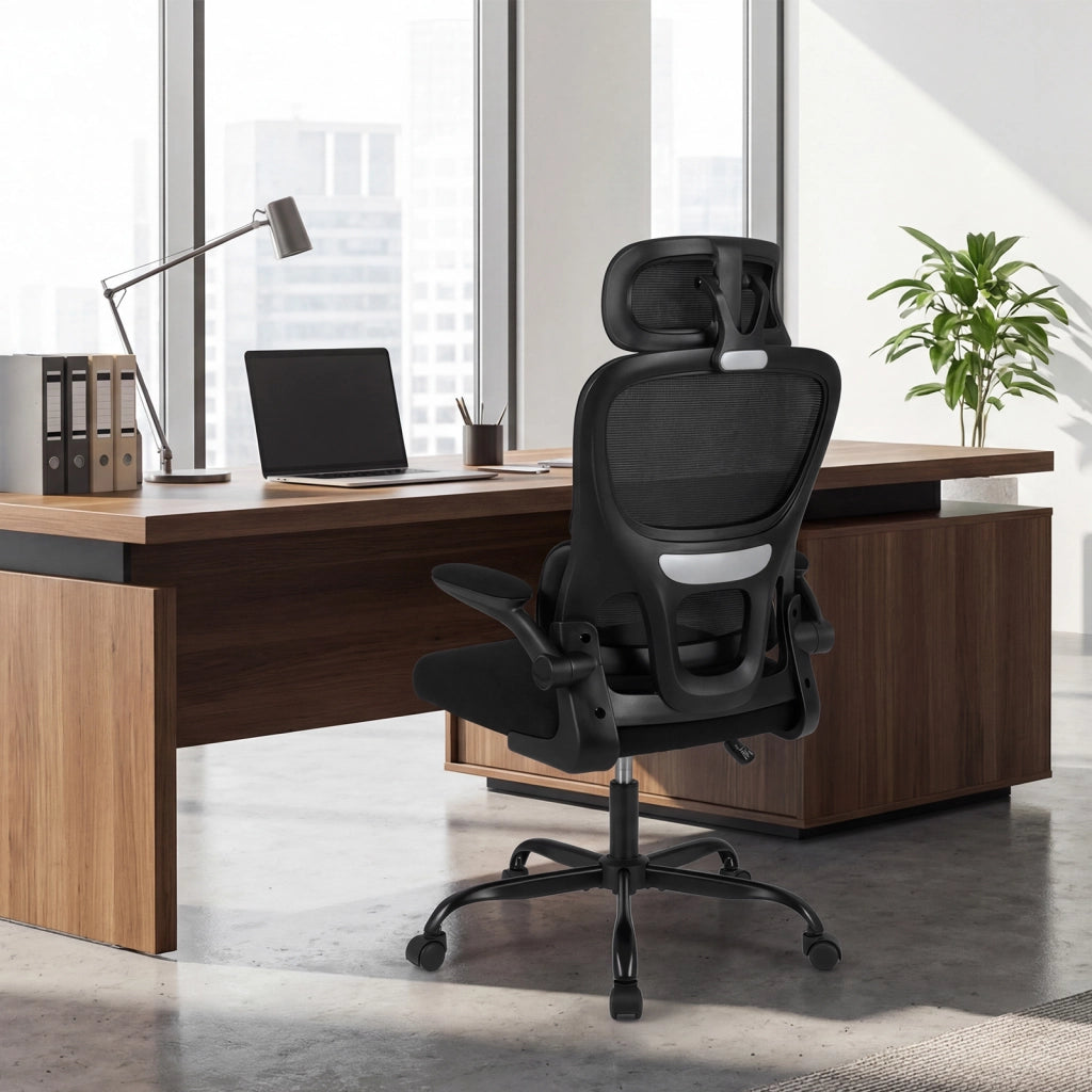 Sedia ufficio ergonomica ruote schienale alto rete supporto lombare, Sedia poggiatesta regolabile braccioli ribaltabili seduta imbottita spugna