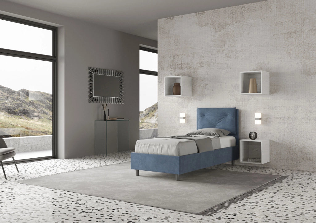 BS COM Letto singolo contenitore imbottito 80x210 microfibra blu