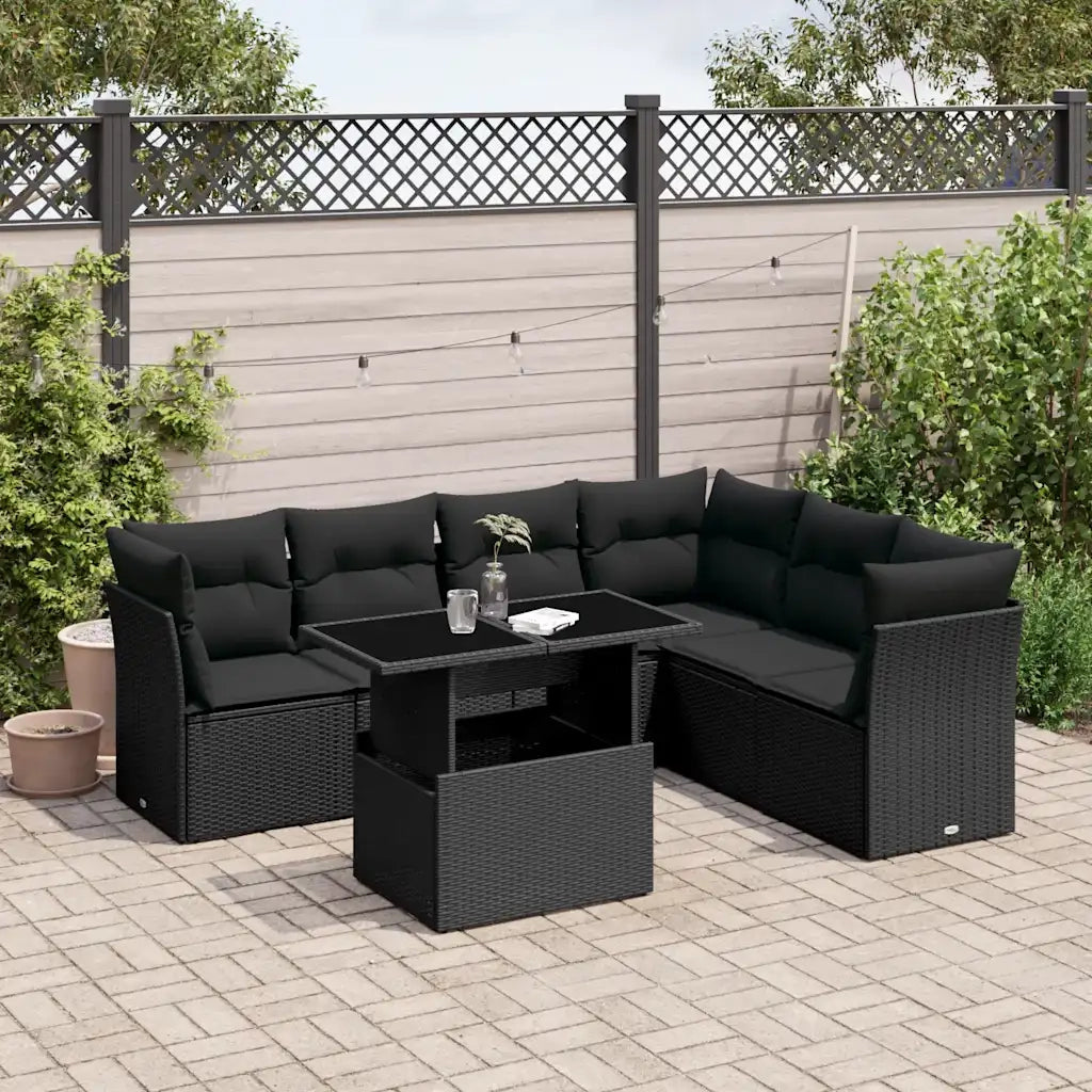 Set Divani da Giardino con Cuscini 7pz Nero Polyrattan