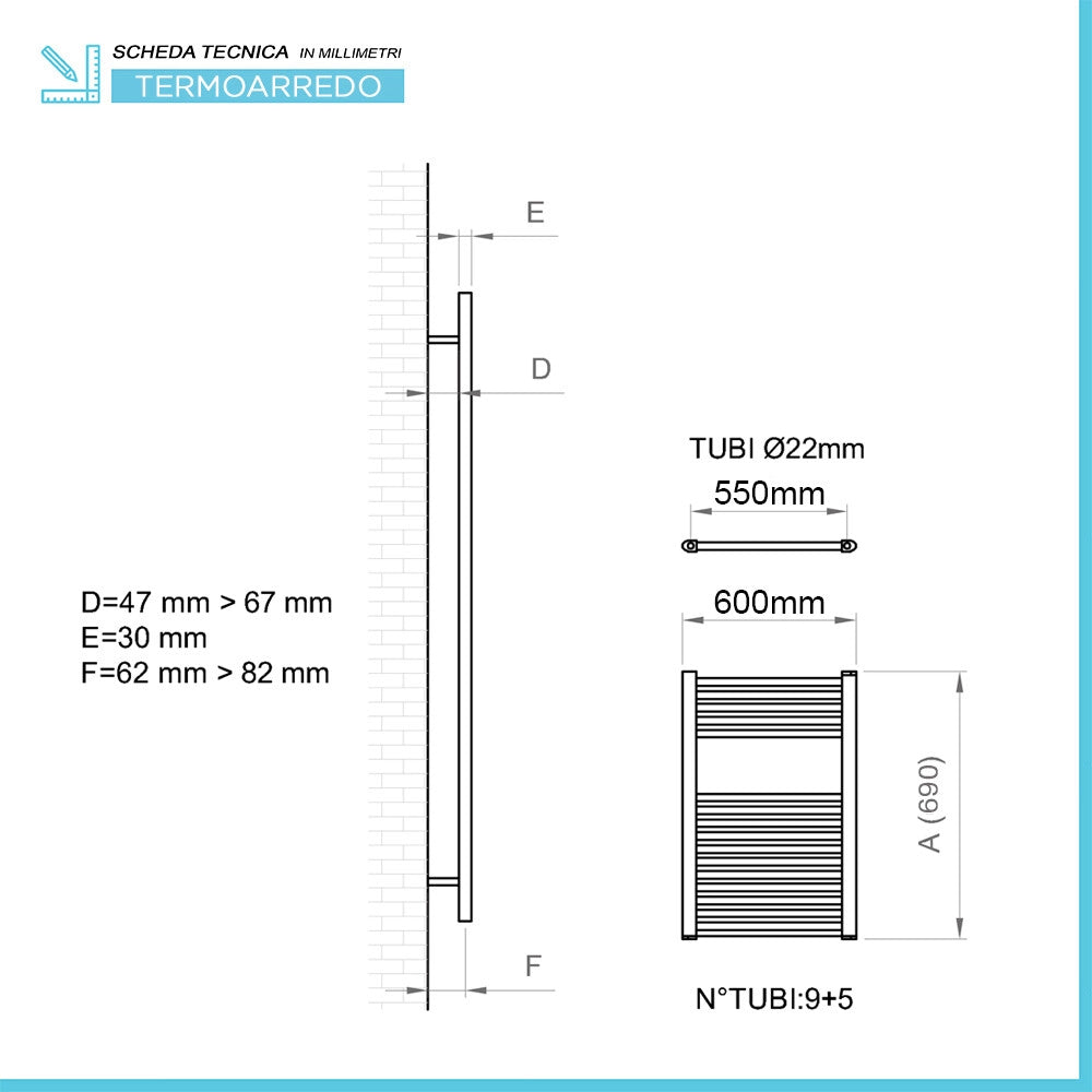 Termoarredo cromo L 60x69 cm Interasse 55 cm Sanremo