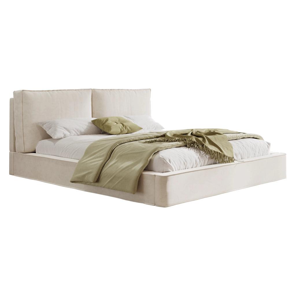 Letto matrimoniale 180 x 200 cm, testiera imbottita, tessuto chenille, beige