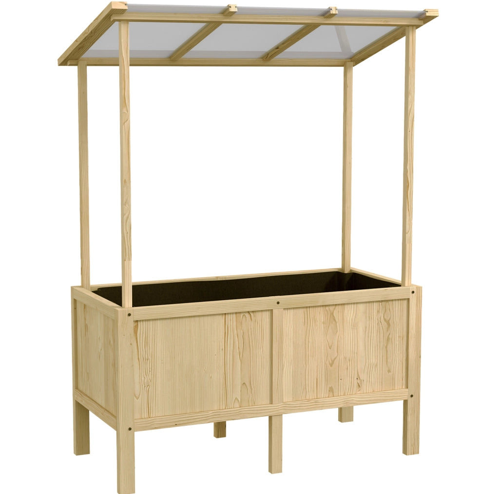 Orto rialzato ULEVR 110x60x152/140 cm in legno di abete con tetto in policarbonato e rivestimento interno