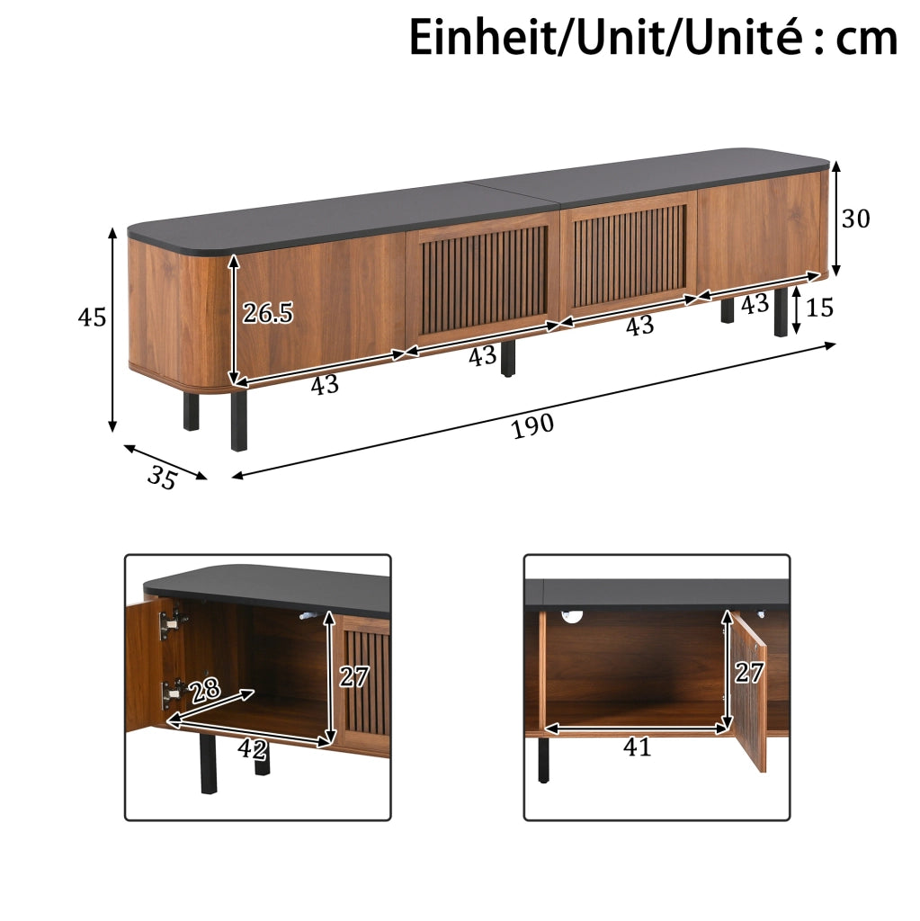 Mobile TV moderno 190x35x45 cm in MDF e pannello truciolare; effetto noce e nero