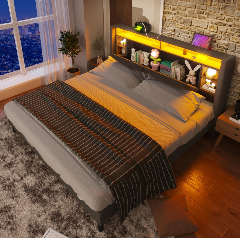 Letto imbottito 140x200 cm con contenitore; LED; USB e prese; grigio