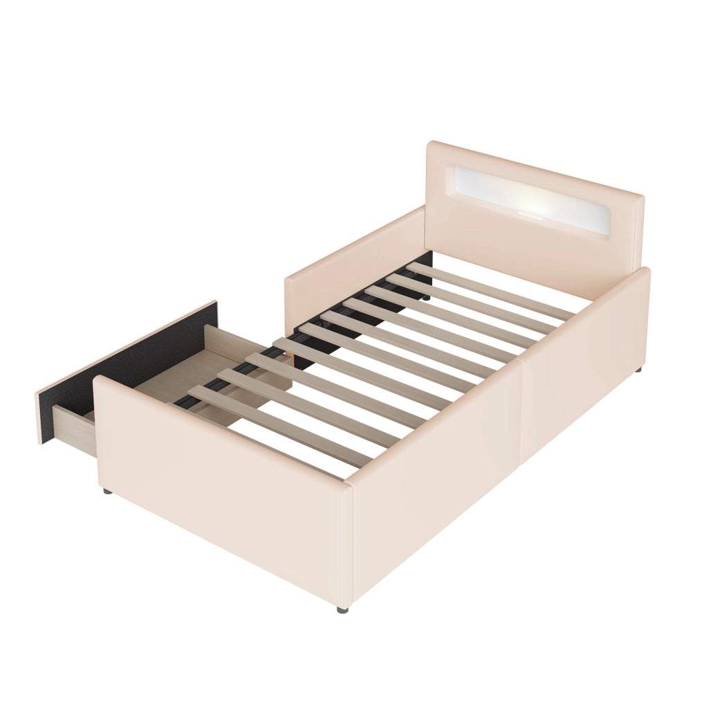 Letto Singolo Imbottito per Bambini con Luce LED e USB ¨C MINIMAL ¨C Similpelle Beige 90x200