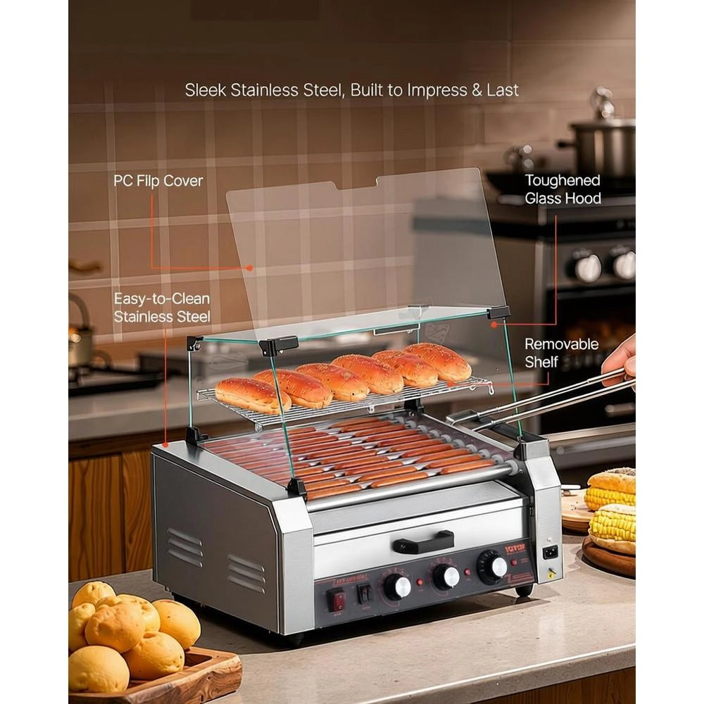 Hot Dog Grill Machine, 30 Hot Dogs, 11 Rollers, Stainless Steel, 2400 W, Electric Grill With Bun Warmer & Cover (Glass + PC) & 3 Temperature Controls & Side Storage Box & Oil Drip Tray