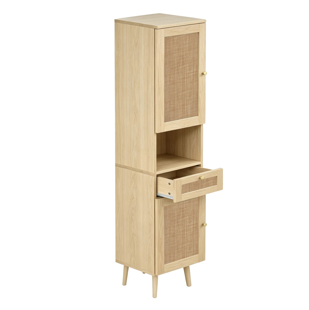 Mobile alto bagno freestanding 40 x 30 x 166 cm con ante in rattan reversibili e cassetto; legno naturale